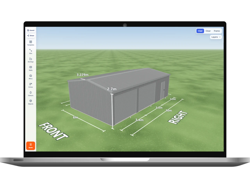 Laptop showing the Shed Designer 3D configurator with a Windspray shed 6 m wide by 10 m long with 2.7 m walls, two Windspray roller doors and one PA door on the right side, Windspray walls and a Windspray gable roof.