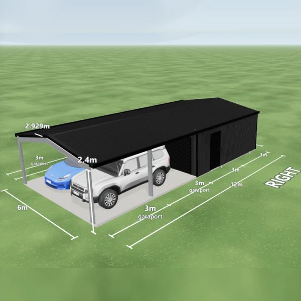 Garaport in Monument and Night Sky, two Night Sky roller doors on the front, one PA door on the right side and a two bays open garaport on the front, on a 6 by 6 metre slab.