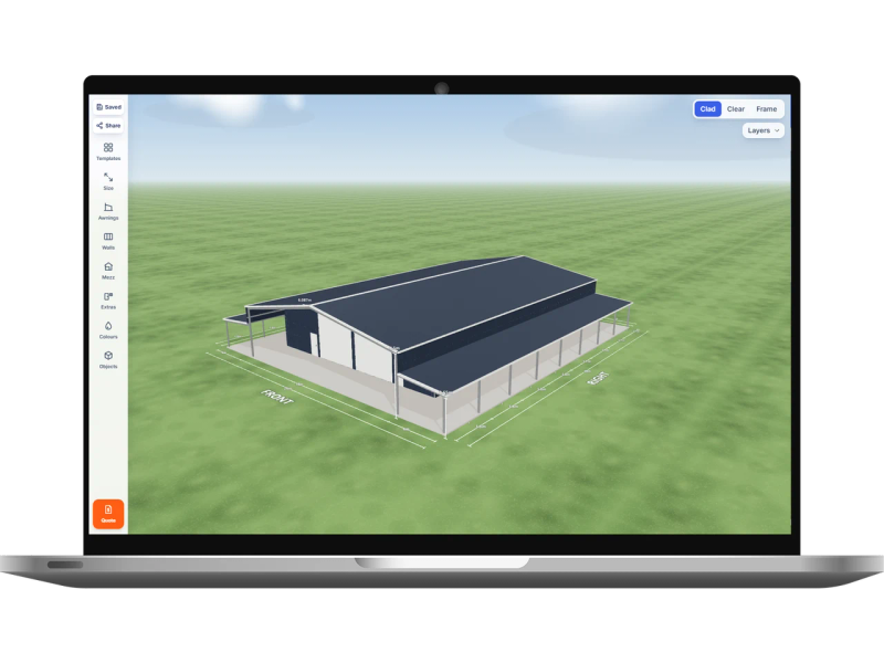 Laptop showing the Shed Designer 3D configurator with a dairy shed 18 m wide by 30 m long with 4.5 m walls, two Dover White roller doors 4.2 m wide and two PA doors on the internal wall, a 4 m open awning down the left side, a 4 m open awning down the right side, an open front end and an open rear end, Deep Ocean walls and a Deep Ocean gable roof.