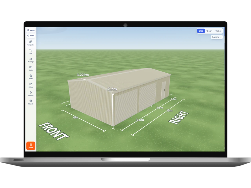 Laptop showing the Shed Designer 3D configurator with an Evening Haze shed 6 m wide by 10 m long with 2.7 m walls, two Evening Haze roller doors and one PA door on the right side, Evening Haze walls and an Evening Haze gable roof.