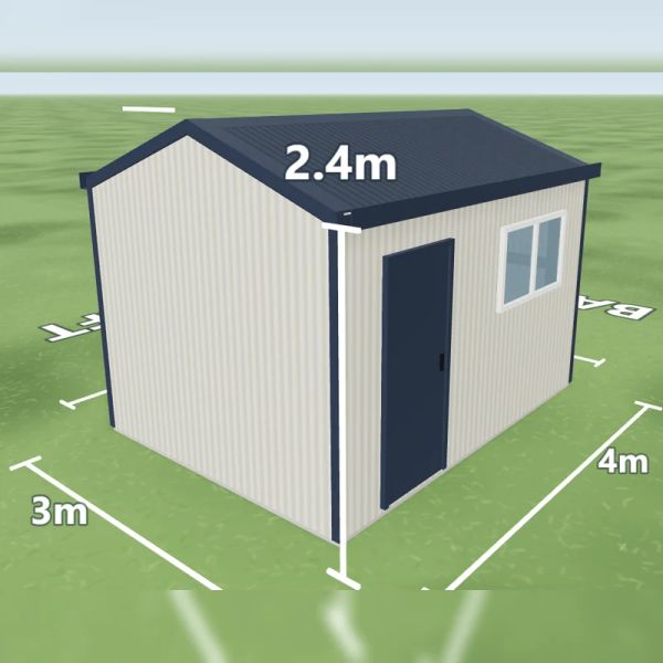 Garden shed in Surfmist and Deep Ocean, one PA door on the left side and one PA door and one window on the right side, on a 3 by 4 metre slab.