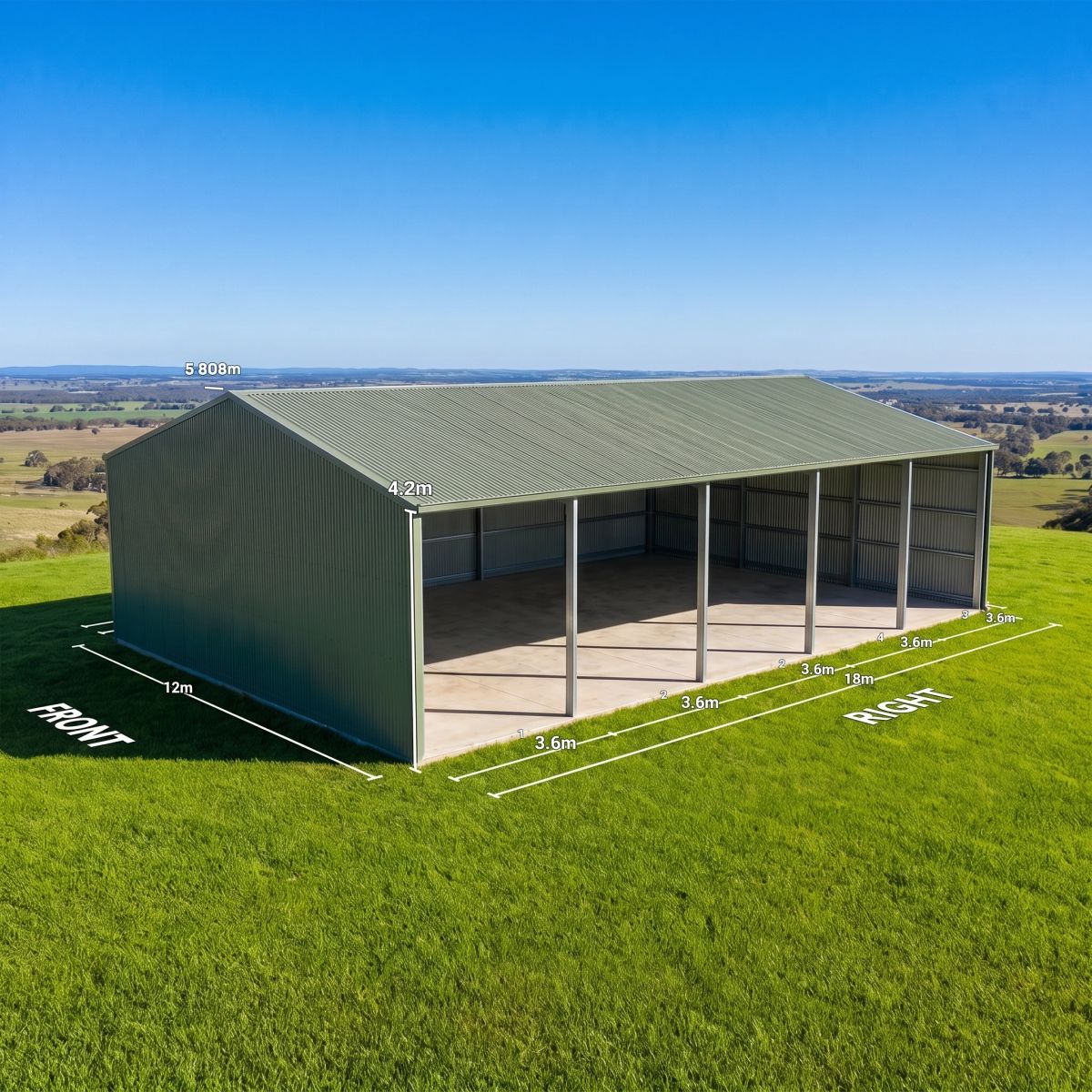 A large 5-bay Australian farm shed in Pale Eucalypt, measuring 18m x 12m x 4.2m, situated in a rural field.