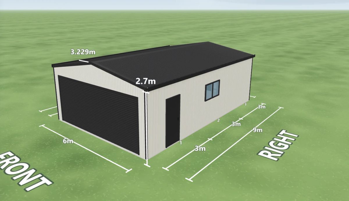 Shed kit 6 m wide by 9 m long with 2.7 m walls, one Monument roller door 5.3 m wide on the front, one PA door on the rear and one PA door and one window on the right side, Surfmist walls and a Monument gable roof, shown in the Shed Designer 3D configurator.
