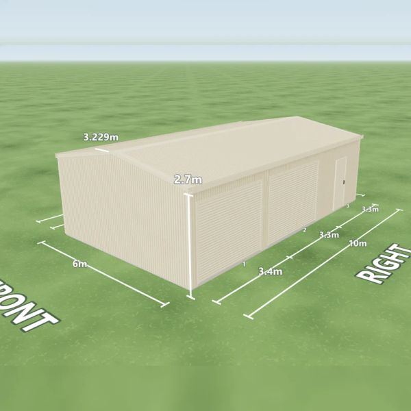 Classic Cream shed in Classic Cream and Classic Cream, two Classic Cream roller doors and one PA door on the right side, on a 6 by 10 metre slab.