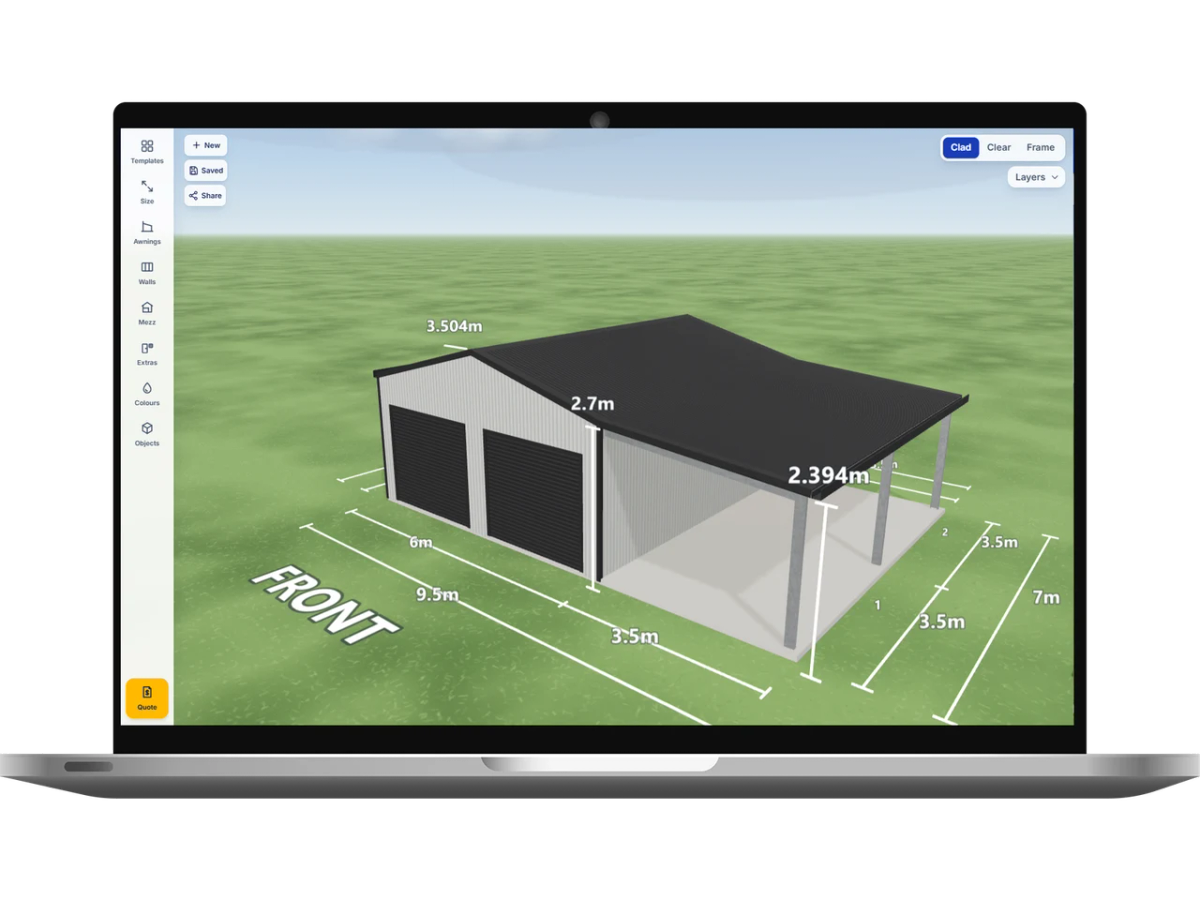 Laptop showing the Shed Designer 3D configurator with a Shale Grey double garage and attached open carport design
