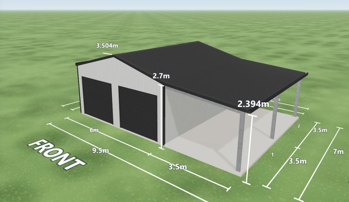 Garage with carport 6 m wide by 7 m long with 2.7 m walls, two Monument roller doors 2.4 m wide on the front, one PA door on the rear and a 3.5 m open awning down the right side, Shale Grey walls and a Monument gable roof, shown in the Shed Designer 3D configurator.