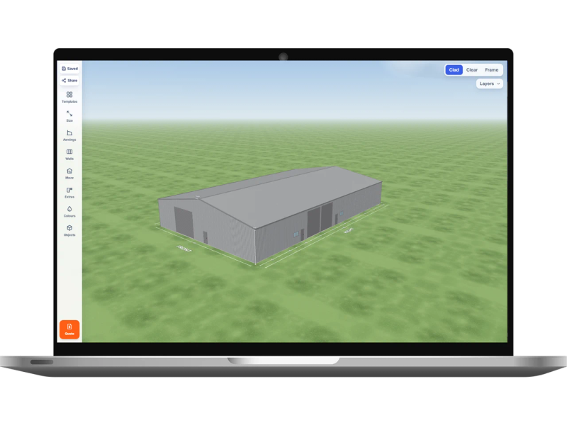 Laptop showing the Shed Designer 3D configurator with a large shed 24 m wide by 40 m long with 5 m walls, two Basalt roller doors, two PA doors and two windows on the right side, one Basalt roller door 5 m wide and one PA door on the front and one PA door on the left side, Bluegum walls and a Bluegum gable roof.
