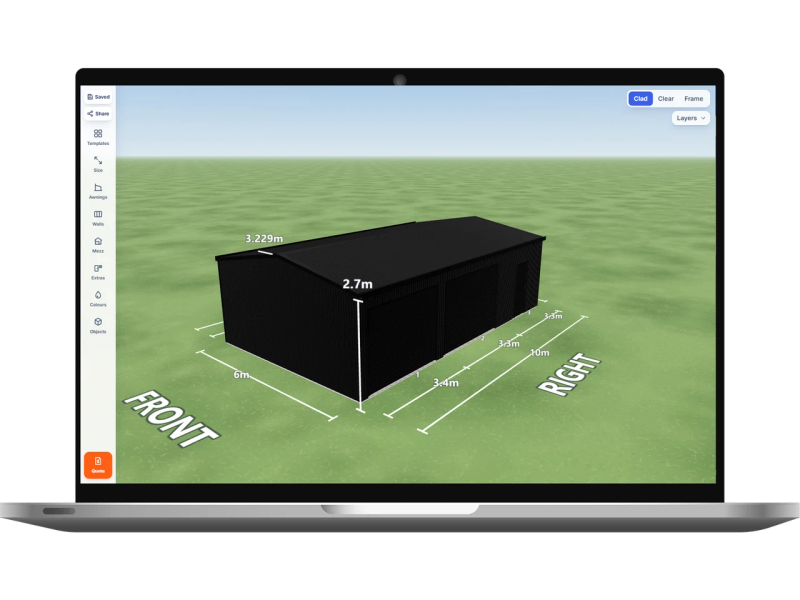 Laptop showing the Shed Designer 3D configurator with a Night Sky shed 6 m wide by 10 m long with 2.7 m walls, two Night Sky roller doors and one PA door on the right side, Night Sky walls and a Night Sky gable roof.