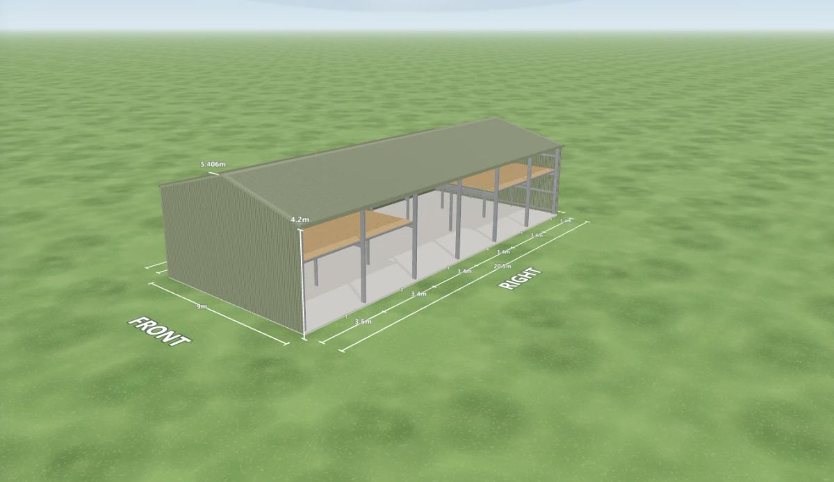 Sheds with mezzanine 9 m wide by 20.5 m long with 4.2 m walls, six open bays on the right side and four mezzanine floors, Pale Eucalypt walls and a Pale Eucalypt gable roof, shown in the Shed Designer 3D configurator.
