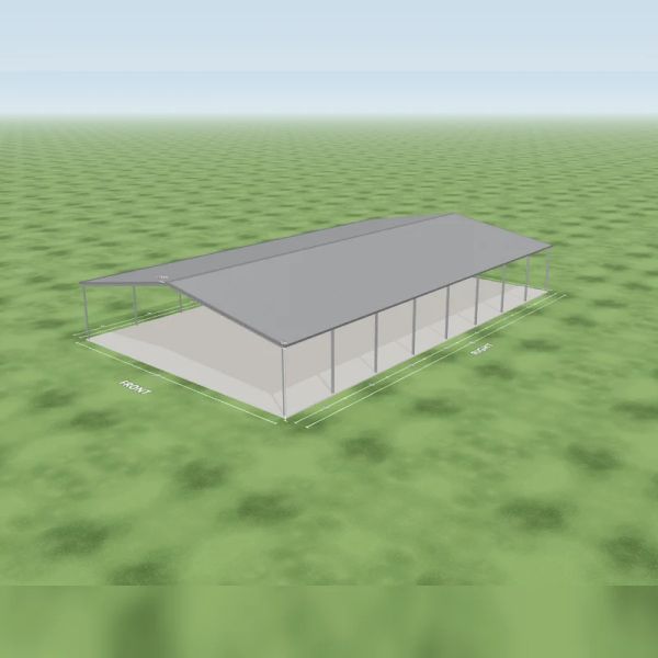School covers and shelter shed in Bluegum and Bluegum, an open front end, an open rear end, eight open bays on the left side and eight open bays on the right side, on a 24 by 40 metre slab.