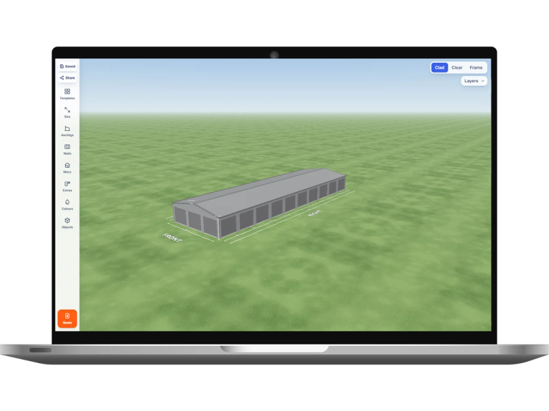 Laptop showing the Shed Designer 3D configurator with a self storage shed 9 m wide by 30 m long with 2.5 m walls, three Basalt roller doors 2.4 m wide on the front, ten Basalt roller doors 2.4 m wide on the right side, three Basalt roller doors 2.4 m wide on the rear and ten Basalt roller doors 2.4 m wide on the left side, Bluegum walls and a Bluegum gable roof.