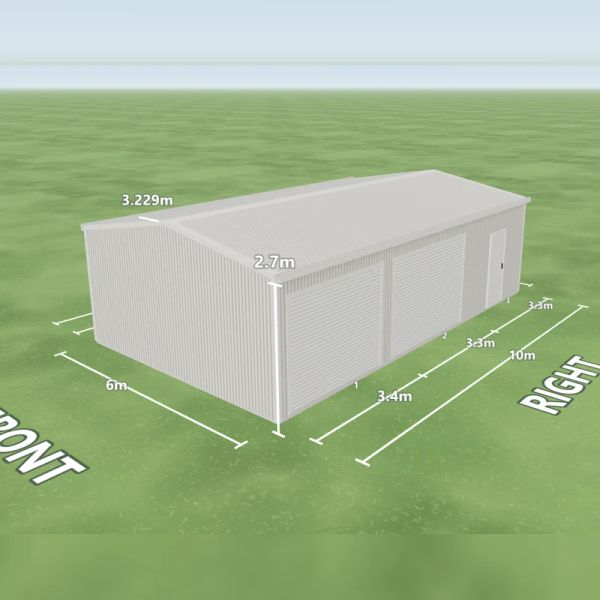 Southerly shed in Southerly and Southerly, two Southerly roller doors and one PA door on the right side, on a 6 by 10 metre slab.