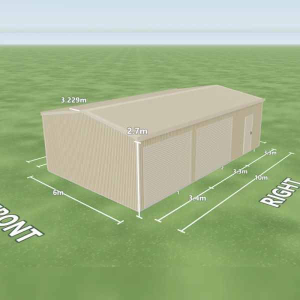 Paperbark shed in Paperbark and Paperbark, two Paperbark roller doors and one PA door on the right side, on a 6 by 10 metre slab.