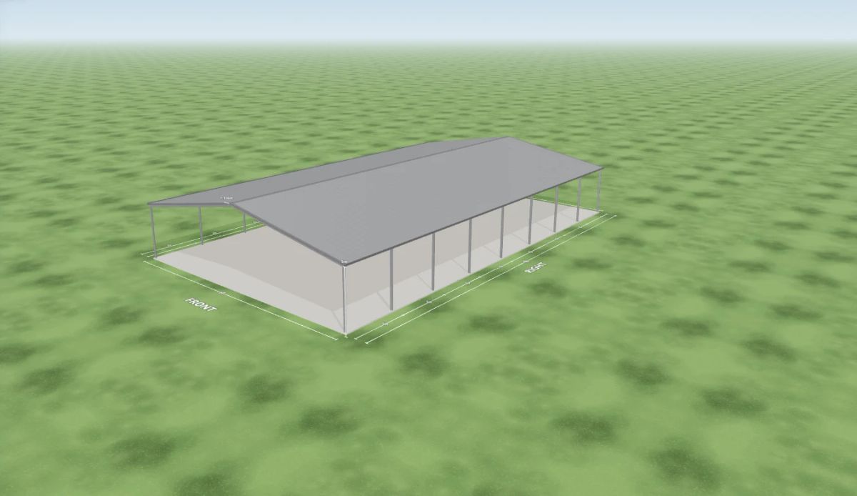 School covers and shelter shed 24 m wide by 40 m long with 5 m walls, an open front end, an open rear end, eight open bays on the left side and eight open bays on the right side, Bluegum walls and a Bluegum gable roof, shown in the Shed Designer 3D configurator.