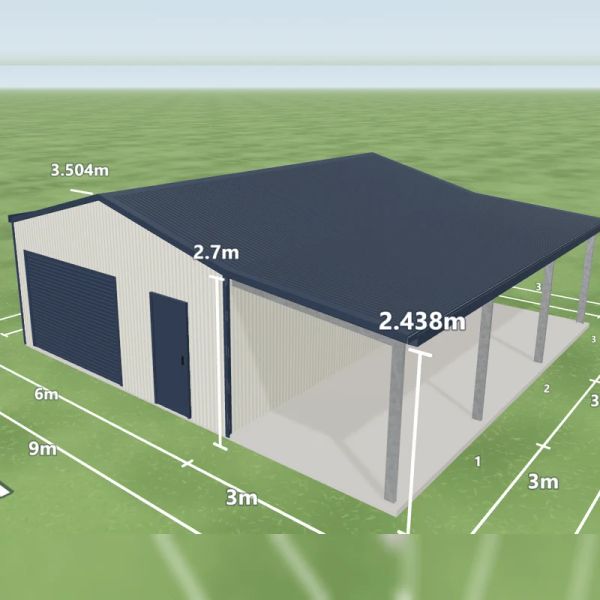 Garage with awning in Surfmist and Deep Ocean, one Deep Ocean roller door and a PA door on the front gable end and a 3 m open skillion awning down the right side, on a 6 by 9 metre slab.