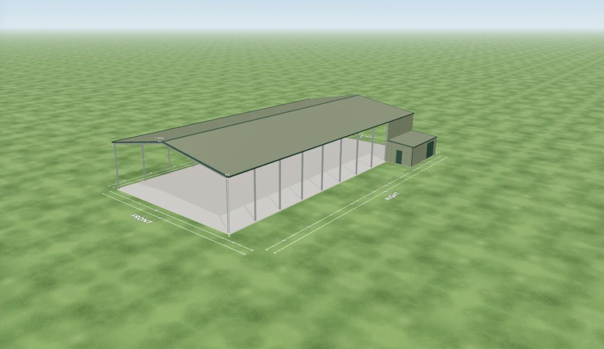 Horse dressage riding arena 20 m wide by 40 m long with 6 m walls, one Cottage Green roller door 2.4 m wide on the right side, one PA door on the right awning end, a 4 m enclosed awning over two bays down the right side, an open front end, an open rear end and ten open bays on the left side, Pale Eucalypt walls and a Pale Eucalypt gable roof, shown in the Shed Designer 3D configurator.