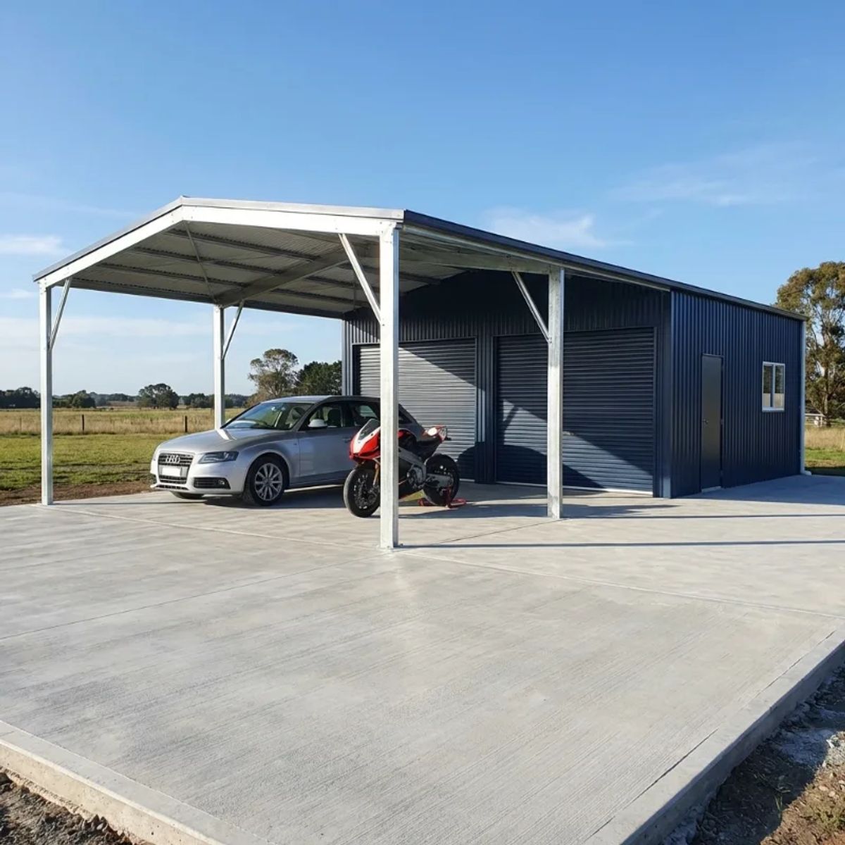 4-bay garaport with two enclosed garage bays and two open carport bays in Deep Ocean with Night Sky trim.