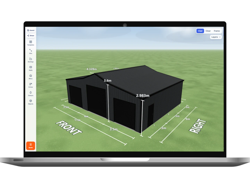 Laptop showing the Shed Designer 3D configurator with a australian barn 4 m wide by 9 m long with 3.6 m walls, one Night Sky roller door 3 m wide on the front, one Night Sky roller door 2.5 m wide on the left awning end, one Night Sky roller door 2.5 m wide on the right awning end, one PA door on the left side, one PA door on the right side, a 3.5 m enclosed awning down the left side and a 3.5 m enclosed awning down the right side, Monument walls and a Monument American barn roof.