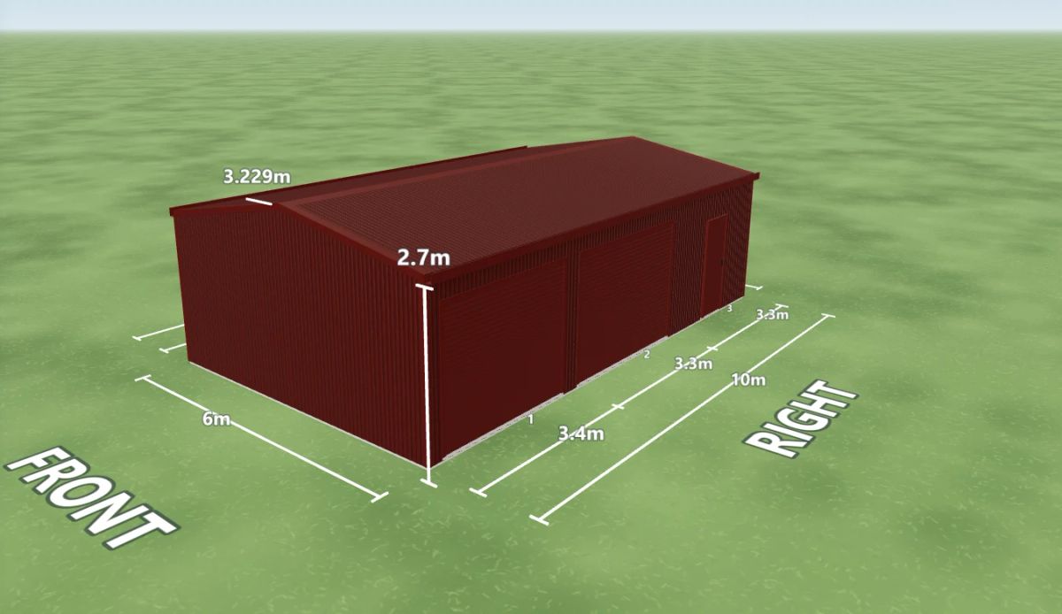 Manor Red shed 6 m wide by 10 m long with 2.7 m walls, two Manor Red roller doors and one PA door on the right side, Manor Red walls and a Manor Red gable roof, shown in the Shed Designer 3D configurator.