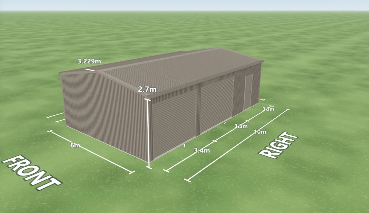 Gully shed 6 m wide by 10 m long with 2.7 m walls, two Gully roller doors and one PA door on the right side, Gully walls and a Gully gable roof, shown in the Shed Designer 3D configurator.