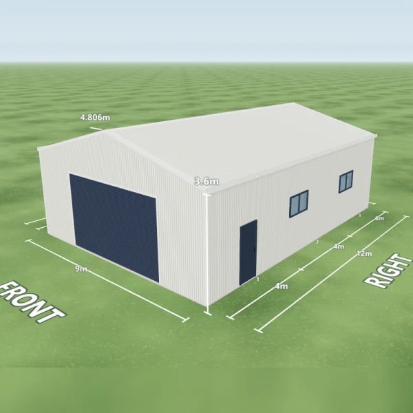 Sheds with solar in Dover White and Dover White, one Deep Ocean roller door 5 m wide on the front, one PA door on the left side, one PA door and two windows on the right side, one skylight and two whirlybirds, on a 9 by 12 metre slab.