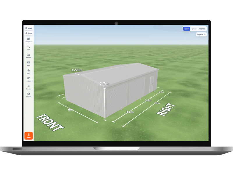 Laptop showing the Shed Designer 3D configurator with a Shale Grey shed 6 m wide by 10 m long with 2.7 m walls, two Shale Grey roller doors and one PA door on the right side, Shale Grey walls and a Shale Grey gable roof.