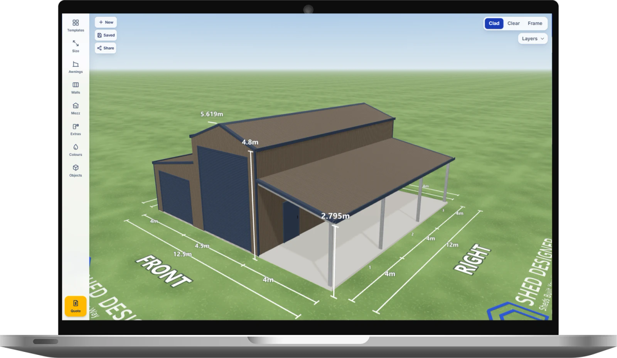 Shed Designer 3D configurator showing a horse float barn design on a laptop