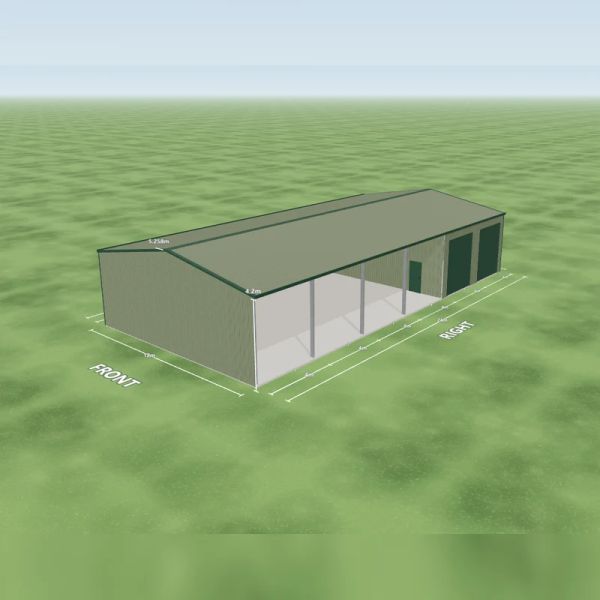 Machinery shed in Pale Eucalypt and Pale Eucalypt, two Cottage Green roller doors 3 m wide on the right side, one PA door on the internal wall and four open bays on the right side, on a 12 by 24 metre slab.