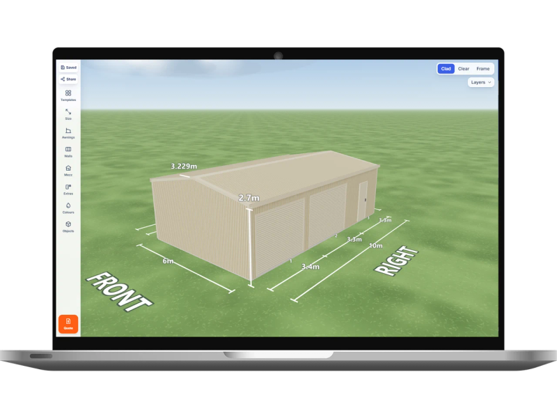 Laptop showing the Shed Designer 3D configurator with a Paperbark shed 6 m wide by 10 m long with 2.7 m walls, two Paperbark roller doors and one PA door on the right side, Paperbark walls and a Paperbark gable roof.
