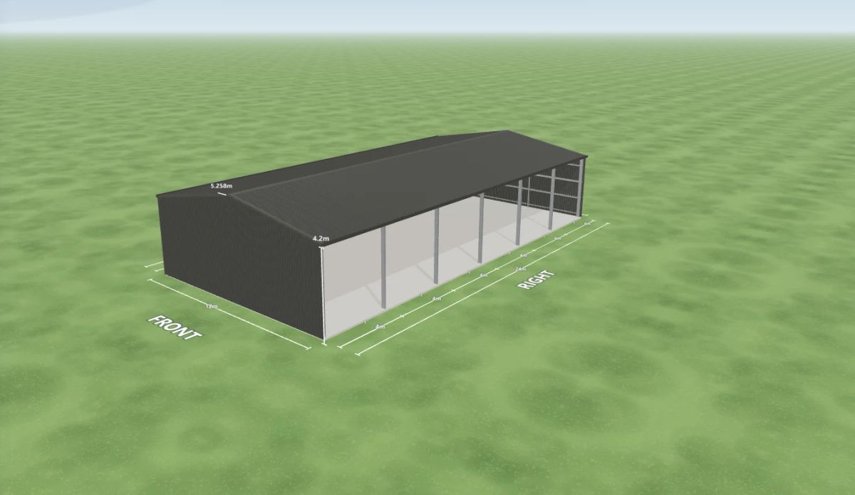 Open front farm shed 12 m wide by 24 m long with 4.2 m walls, six open bays on the right side, Woodland Grey walls and a Woodland Grey gable roof, shown in the Shed Designer 3D configurator.