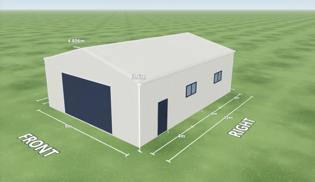Sheds with solar 9 m wide by 12 m long with 3.6 m walls, one Deep Ocean roller door 5 m wide on the front, one PA door on the left side, one PA door and two windows on the right side, one skylight and two whirlybirds, Dover White walls and a Dover White gable roof, shown in the Shed Designer 3D configurator.
