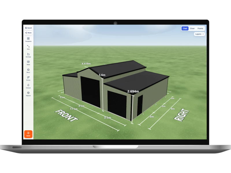 Laptop showing the Shed Designer 3D configurator with a caravan shed 4.5 m wide by 9 m long with 3.6 m walls, one Night Sky roller door 3.3 m wide on the front, one Night Sky roller door 2.4 m wide on the right awning end, one PA door on the right side, a 3.5 m enclosed awning down the left side and a 3.5 m enclosed awning down the right side, Pale Eucalypt walls and a Monument American barn roof.