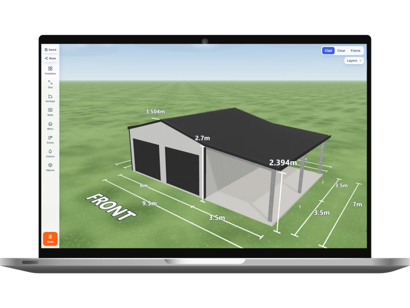 Laptop showing the Shed Designer 3D configurator with a garage with carport 6 m wide by 7 m long with 2.7 m walls, two Monument roller doors 2.4 m wide on the front, one PA door on the rear and a 3.5 m open awning down the right side, Shale Grey walls and a Monument gable roof.