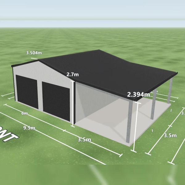 Garage with carport in Shale Grey and Monument, two Monument roller doors 2.4 m wide on the front, one PA door on the rear and a 3.5 m open awning down the right side, on a 6 by 7 metre slab.