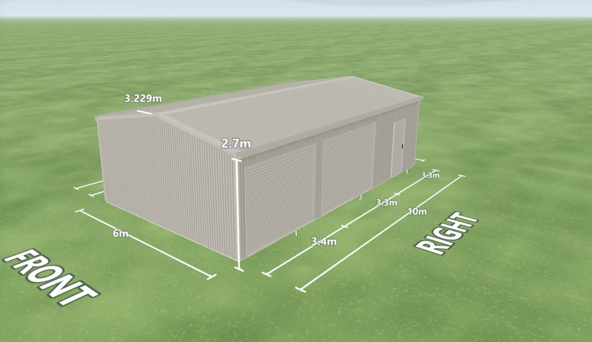Dune shed 6 m wide by 10 m long with 2.7 m walls, two Dune roller doors and one PA door on the right side, Dune walls and a Dune gable roof, shown in the Shed Designer 3D configurator.