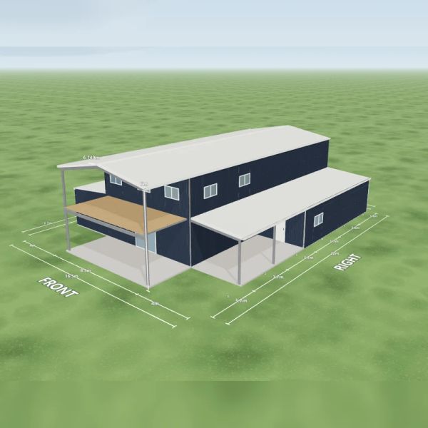 Kit home in Deep Ocean and Dover White, one sliding door, one PA door and three windows on the internal wall, three windows on the right side, a 4 m enclosed awning over five bays down the left side, a 4 m enclosed awning over five bays down the right side, an open front end and five mezzanine floors, on a 8.5 by 22 metre slab.