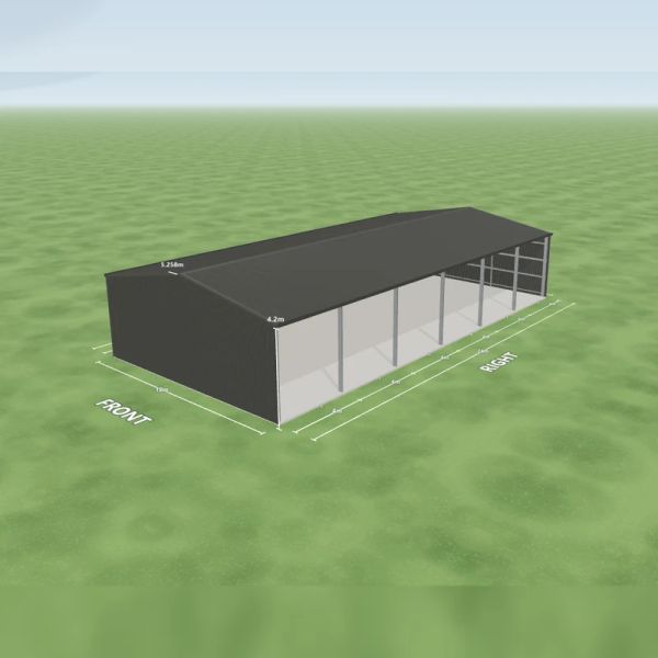Open front farm shed in Woodland Grey and Woodland Grey, six open bays on the right side, on a 12 by 24 metre slab.