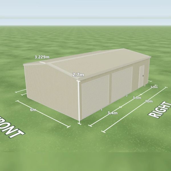 Evening Haze shed in Evening Haze and Evening Haze, two Evening Haze roller doors and one PA door on the right side, on a 6 by 10 metre slab.