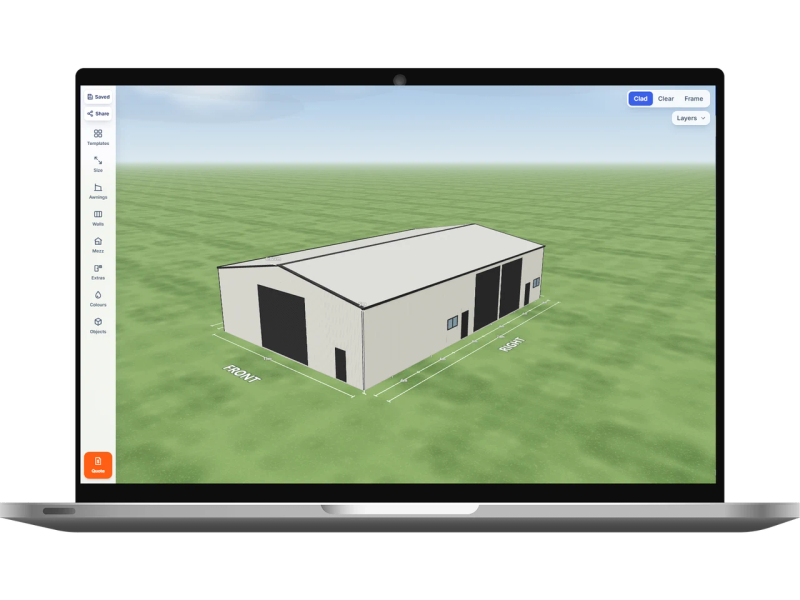 Laptop showing the Shed Designer 3D configurator with a factory shed 15 m wide by 24 m long with 5 m walls, two Monument roller doors, two PA doors and two windows on the right side, one Monument roller door 5 m wide and one PA door on the front and one PA door on the left side, Surfmist walls and a Dover White gable roof.