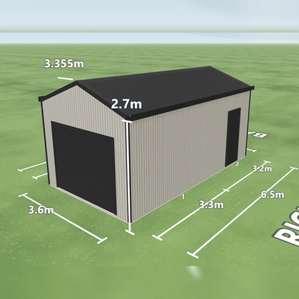 Single garage in Dune and Monument, one Monument roller door on the front gable end, a PA door on the right side and a rear window, on a 3.6 by 6.5 metre slab.