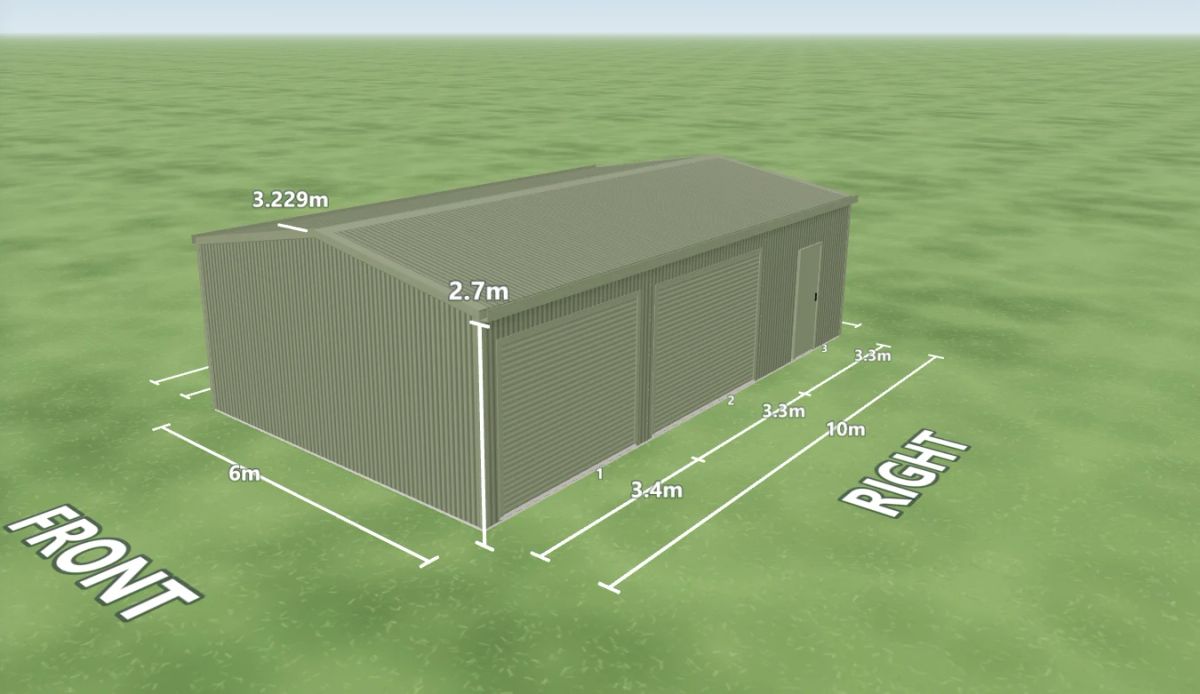 Pale Eucalypt shed 6 m wide by 10 m long with 2.7 m walls, two Pale Eucalypt roller doors and one PA door on the right side, Pale Eucalypt walls and a Pale Eucalypt gable roof, shown in the Shed Designer 3D configurator.