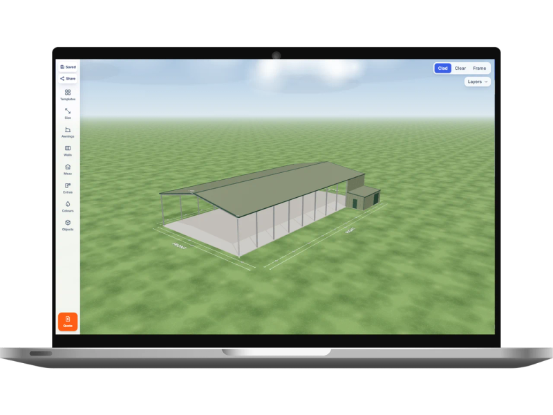 Laptop showing the Shed Designer 3D configurator with a horse dressage riding arena 20 m wide by 40 m long with 6 m walls, one Cottage Green roller door 2.4 m wide on the right side, one PA door on the right awning end, a 4 m enclosed awning over two bays down the right side, an open front end, an open rear end and ten open bays on the left side, Pale Eucalypt walls and a Pale Eucalypt gable roof.