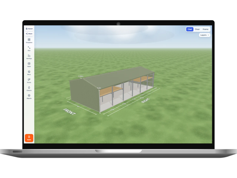 Laptop showing the Shed Designer 3D configurator with a sheds with mezzanine 9 m wide by 20.5 m long with 4.2 m walls, six open bays on the right side and four mezzanine floors, Pale Eucalypt walls and a Pale Eucalypt gable roof.