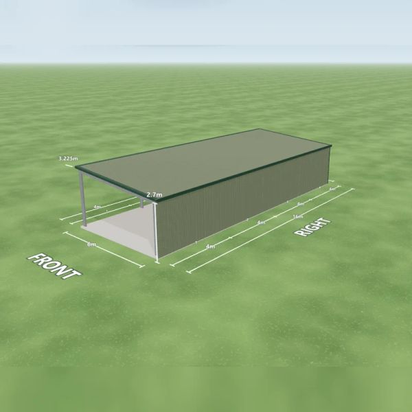 Horse shed in Pale Eucalypt and Pale Eucalypt, one Cottage Green roller door 2.4 m wide on the left side, one PA door on the internal wall, an open front end and two open bays on the left side, on a 6 by 16 metre slab.