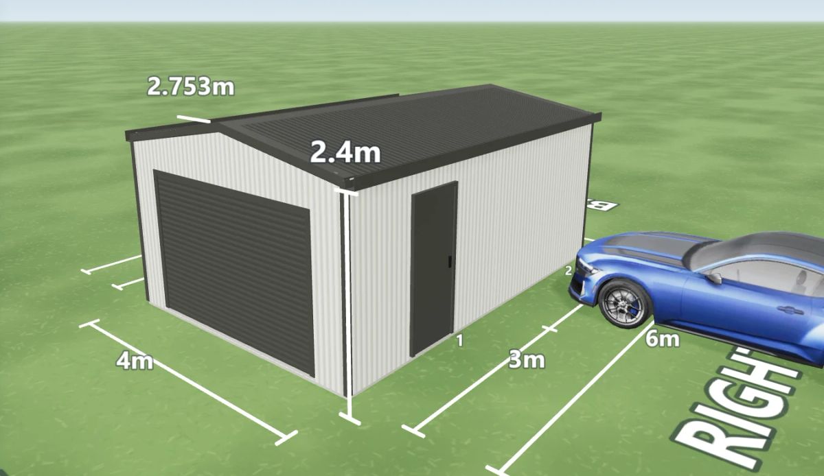 Car garage 4 m wide by 6 m long with 2.4 m walls, one Woodland Grey roller door 3 m wide on the front, one PA door on the rear and one PA door on the right side, Dover White walls and a Woodland Grey gable roof, shown in the Shed Designer 3D configurator.