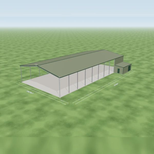 Horse dressage riding arena in Pale Eucalypt and Pale Eucalypt, one Cottage Green roller door 2.4 m wide on the right side, one PA door on the right awning end, a 4 m enclosed awning over two bays down the right side, an open front end, an open rear end and ten open bays on the left side, on a 20 by 40 metre slab.