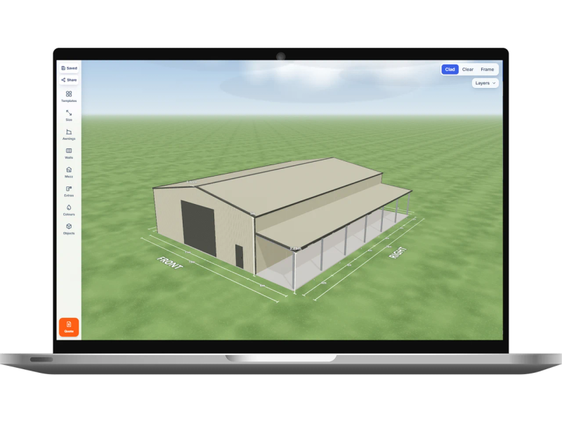 Laptop showing the Shed Designer 3D configurator with a warehouse shed 15 m wide by 24 m long with 5 m walls, two Woodland Grey roller doors 3.6 m wide, two PA doors and two windows on the right side, one Woodland Grey roller door 5 m wide and one PA door on the front, one PA door on the left side and a 4 m open awning down the right side, Evening Haze walls and an Evening Haze gable roof.