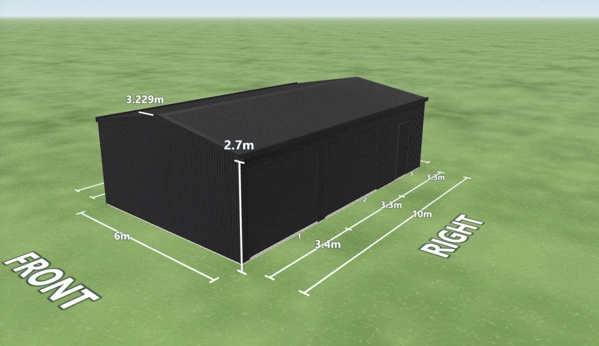 Monument shed 6 m wide by 10 m long with 2.7 m walls, two Monument roller doors and one PA door on the right side, Monument walls and a Monument gable roof, shown in the Shed Designer 3D configurator.