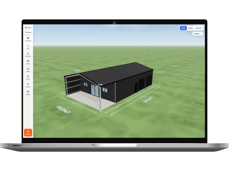 Laptop showing the Shed Designer 3D configurator with a man cave 9 m wide by 16.5 m long with 3.6 m walls, two Night Sky roller doors 2.4 m wide and one PA door on the right side, one sliding door and two windows on the internal wall, an open front end, one open bay on the right side, one skylight and two whirlybirds, Monument walls and a Monument gable roof.