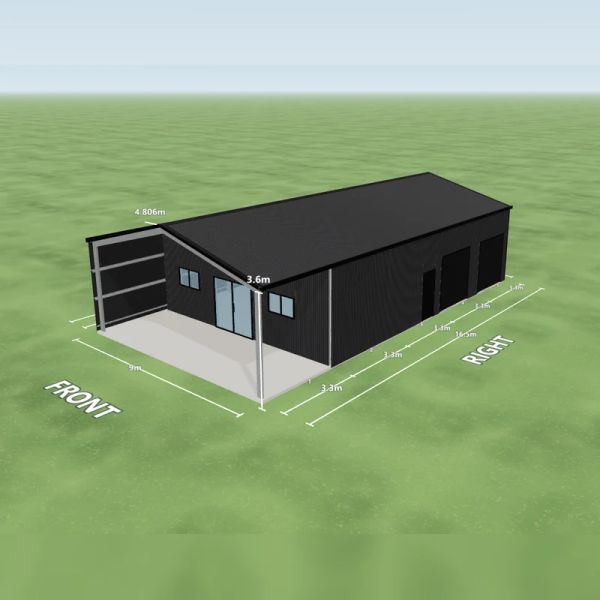 Man cave in Monument and Monument, two Night Sky roller doors 2.4 m wide and one PA door on the right side, one sliding door and two windows on the internal wall, an open front end, one open bay on the right side, one skylight and two whirlybirds, on a 9 by 16.5 metre slab.
